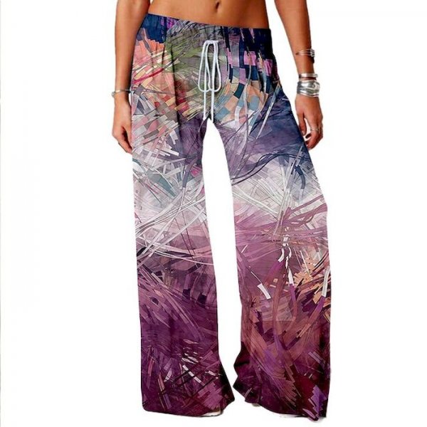 Women's Basic Soft Comfort Daily Home Wide Leg Pants Plants Tropical Full Length Elastic Drawstring Design Print Purple