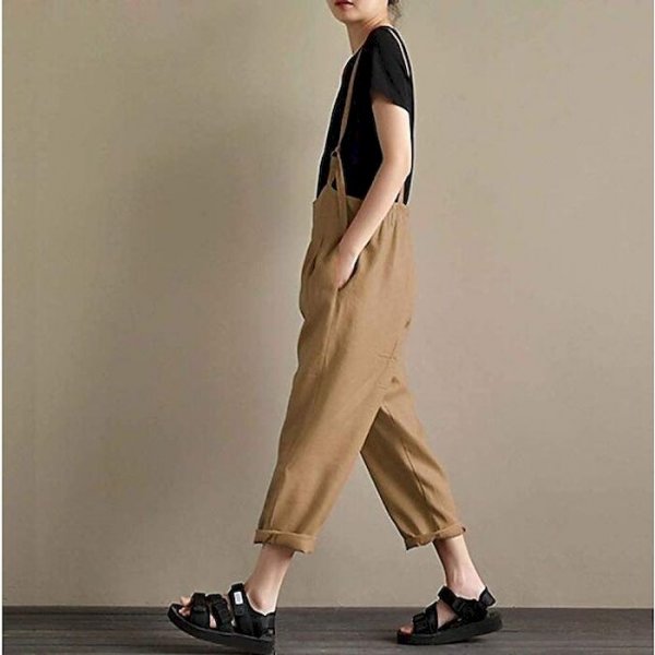 Women's Fashion Chino Breathable Soft Linen Loose Daily Weekend Overalls Pants Plain Full Length Pocket Wine Gray Khaki Black