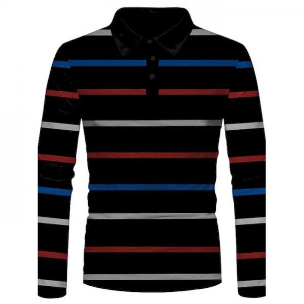 Men's Golf Shirt Striped Graphic Print Long Sleeve Casual Tops Casual Black